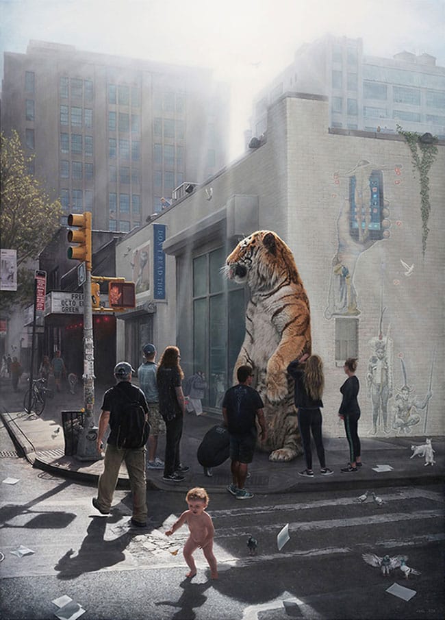 Joel Rea - Tiger and baby on a busy street surreal painting - What Is the Difference Between Selling Your Work Through a Gallery Rather Than Privately?