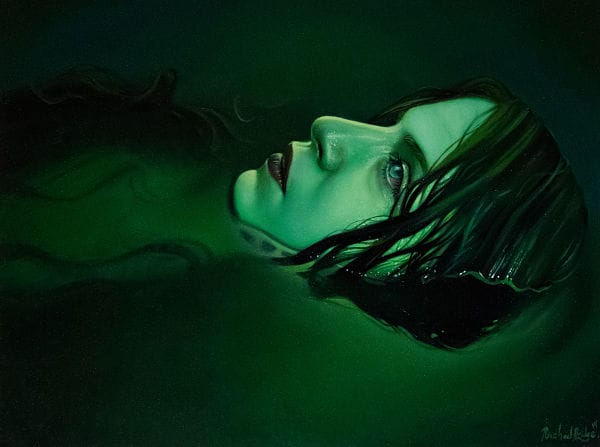 Rachael Bridge green girl in water egret painting 