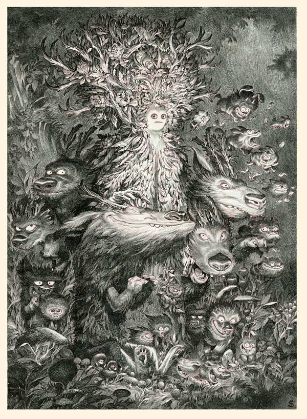 Stan Manoukian “The Wolves Pack” ink illustration at Haven Gallery