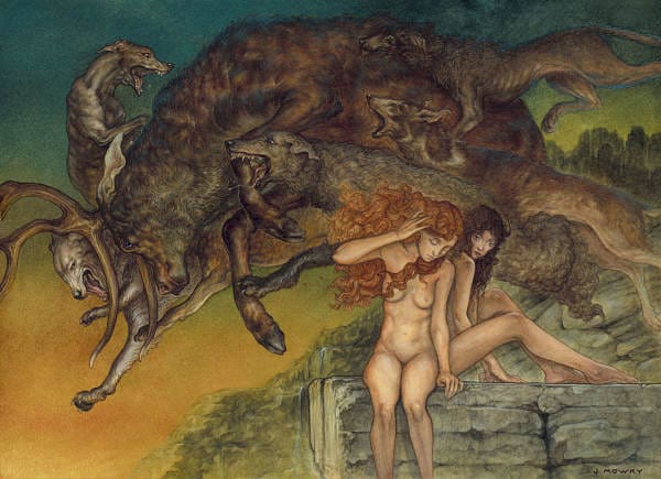 Jason Mowry "The Fallen Actaeon" surreal watercolor nude art painting 