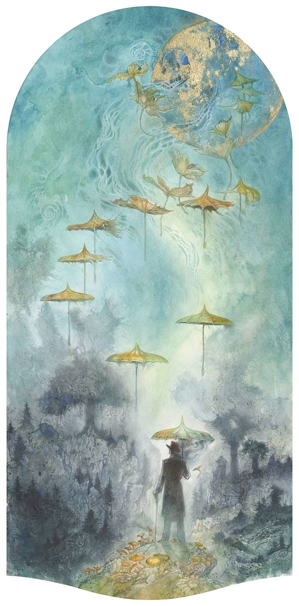 Stephanie Law conjure man with umbrellas painting 