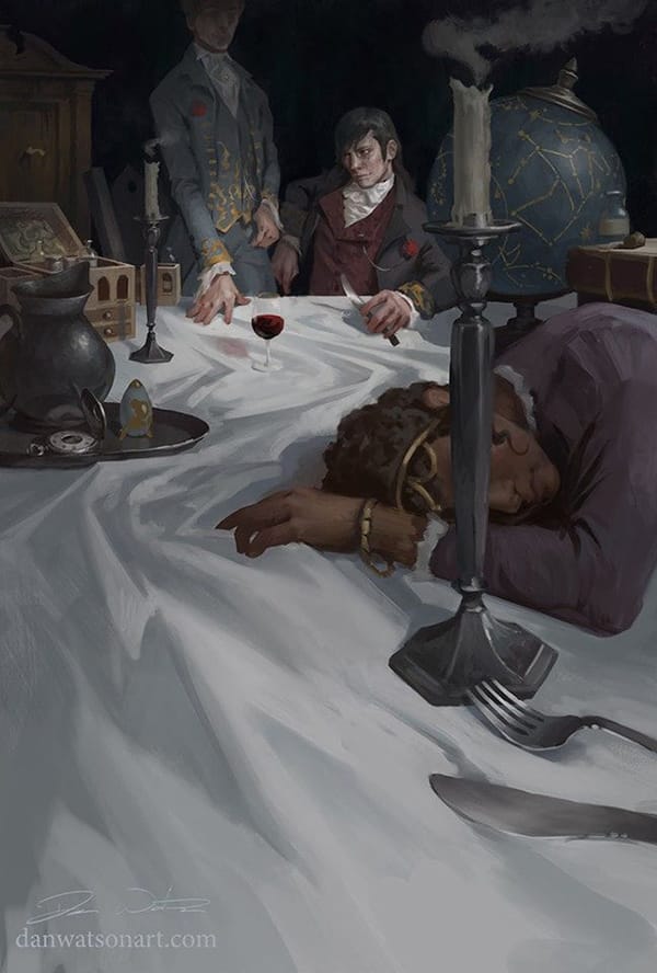 Painting by Dan Watson. Two figures with wine and a knife observe a foreground figure collapsed on their table.