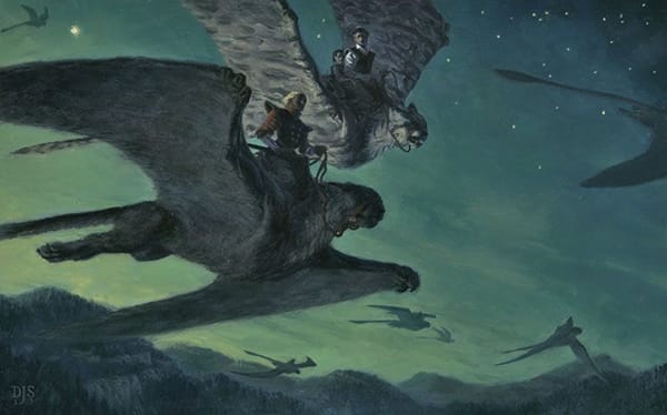 Oil Painting by David Still showing human riders flying in twilight on giant cats with wings
