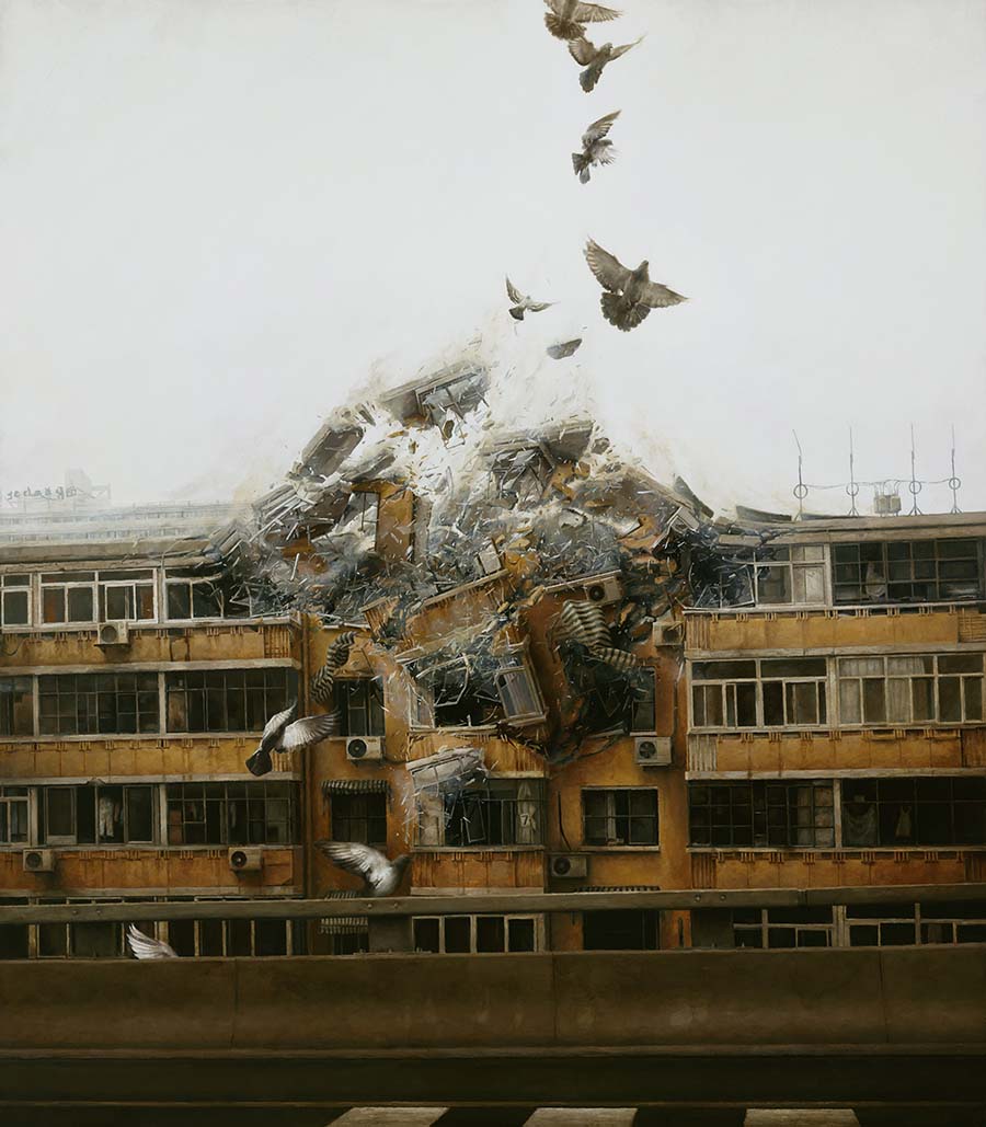 Jeremy Geddes collapsed building  painting