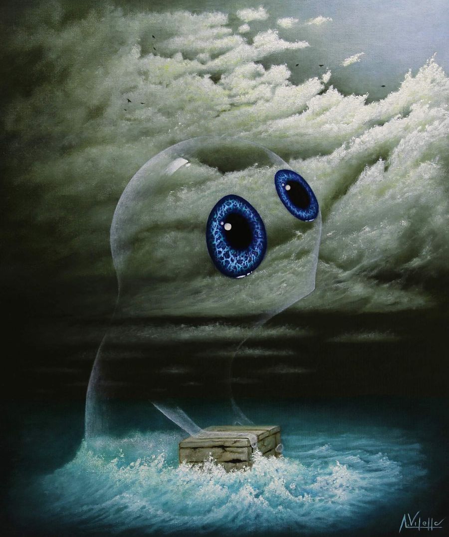 August Vilella Pop Surrealistic Artwork Transparent Creature Big Blue Eyes Ocean Cloud Backdrop August Vilella Surreal Oil Painting