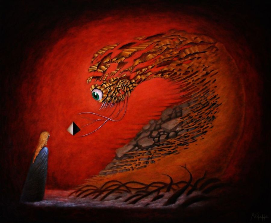 August Vilella Red Pop Surrealistic Artwork Creature Big Eyes Giving Woman Pyramid August Vilella Surreal Oil Painting