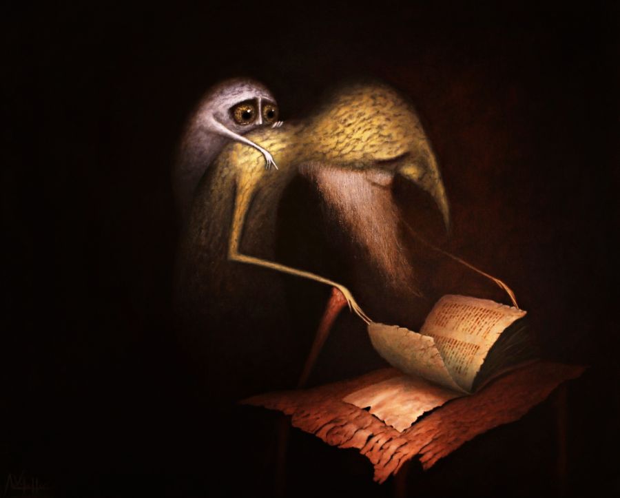 August Vilella Pop Surrealistic Artwork Creature Big Eyes Leaning Over Man's Shoulder Pointing To Open Book August Vilella Surreal Oil Painting