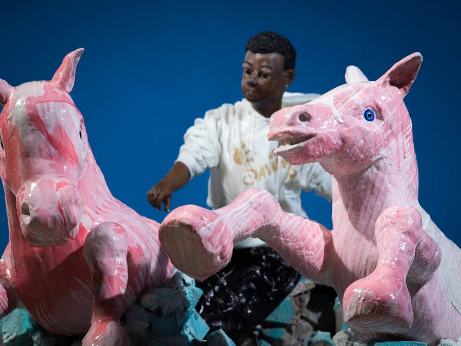 John Moran pink horse boy sculpture