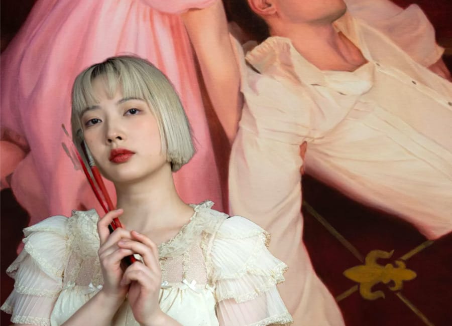 Artist Junyi Liu posing in front of her artwork