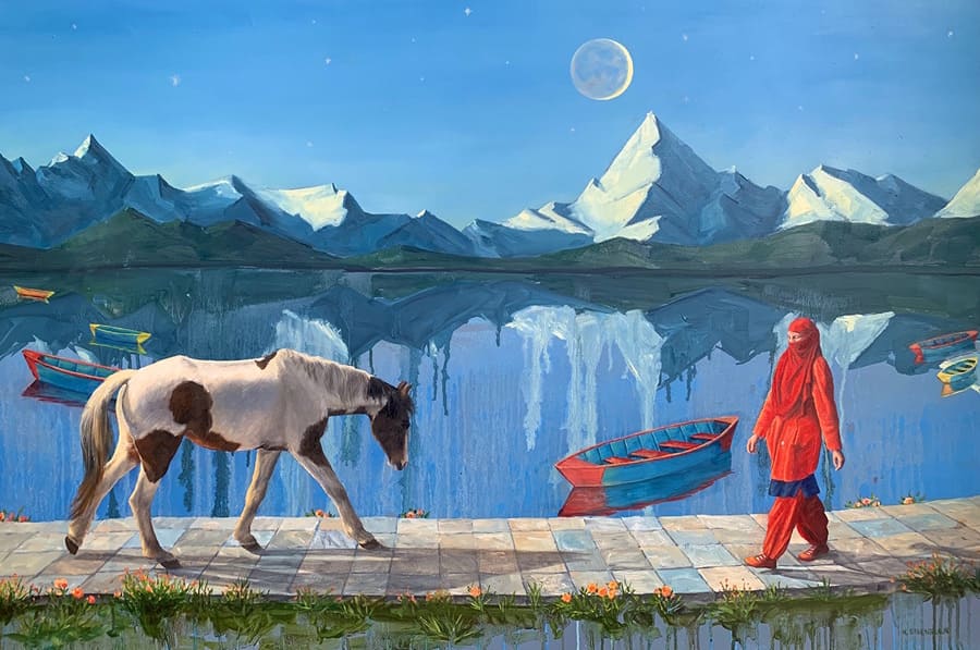 Kristen Eisenbraun painting of landscape in Nepal and horse and woman