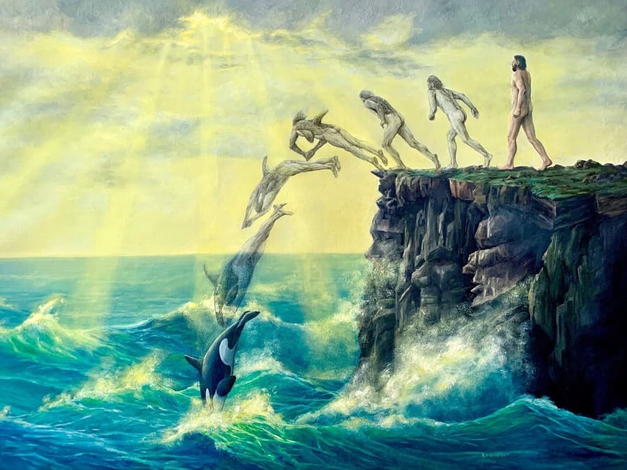 Kristen Eisenbraun of a man jumping into the ocean and transforming into an orca