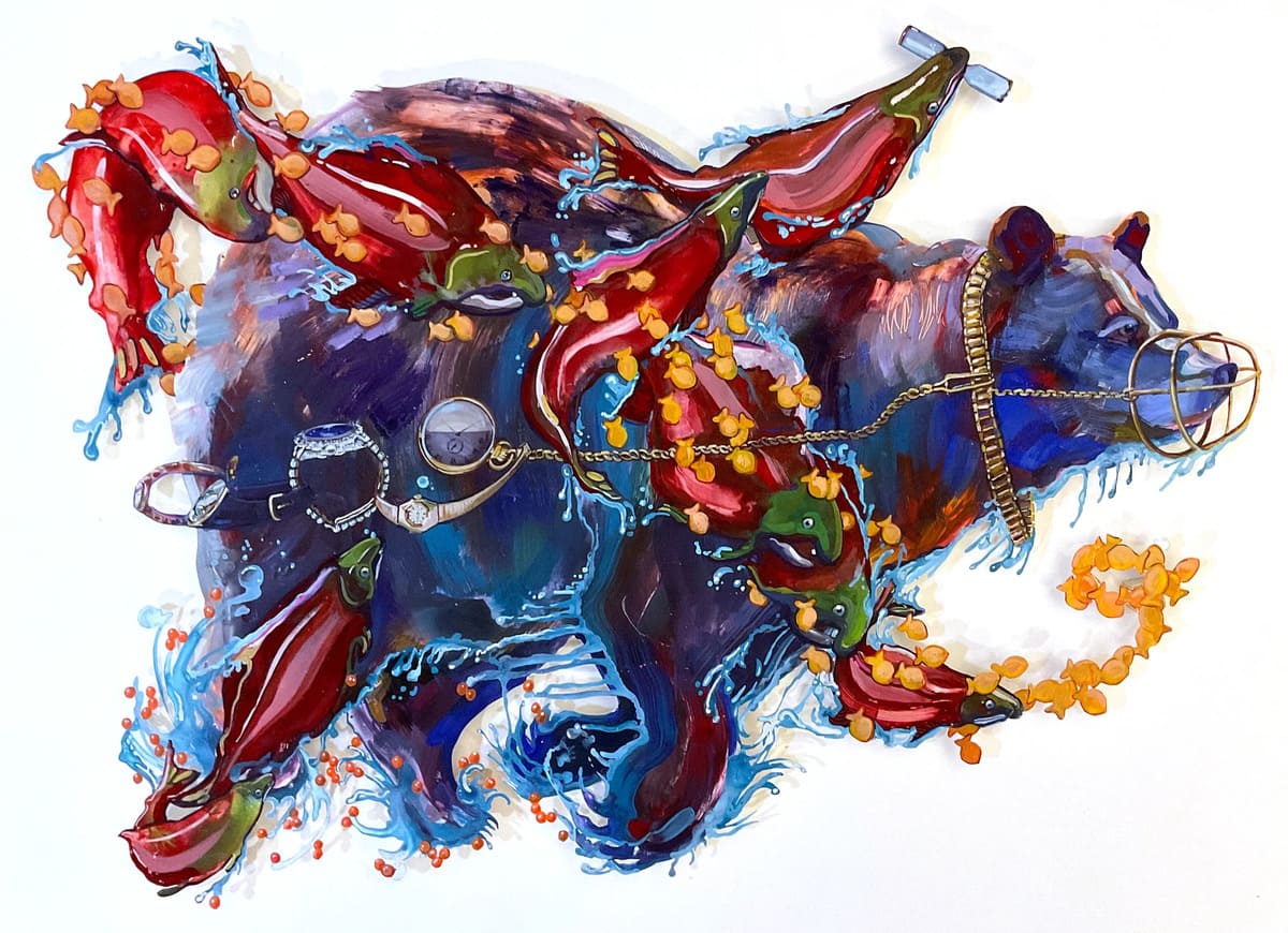 Oil painting of blue bear running by Joni Wildman