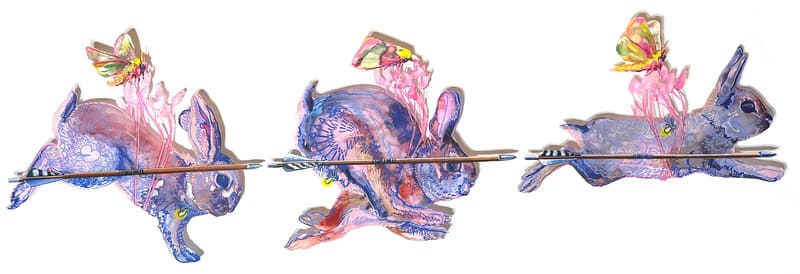 Oil painting of three running rabbits by Joni Wildman