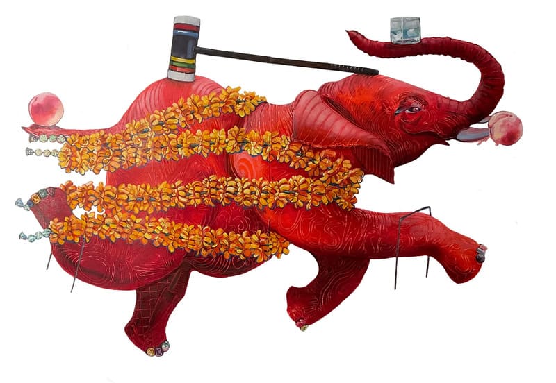 Oil painting of a running red elephant by Joni Wildman