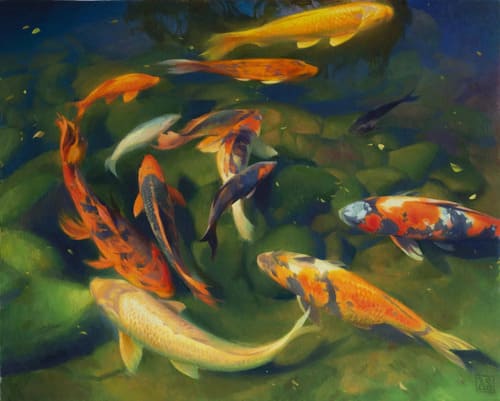 Painting of colour koi swimming in a pond by Adrienne Stein