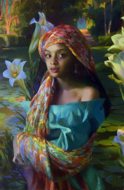 Painting of a woman in a head scarf and blue dress by Adrienne Stein