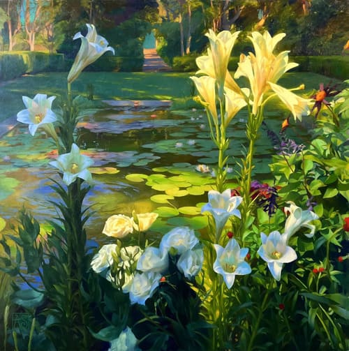 Painting of white flowers during golden light by Adrienne Stein