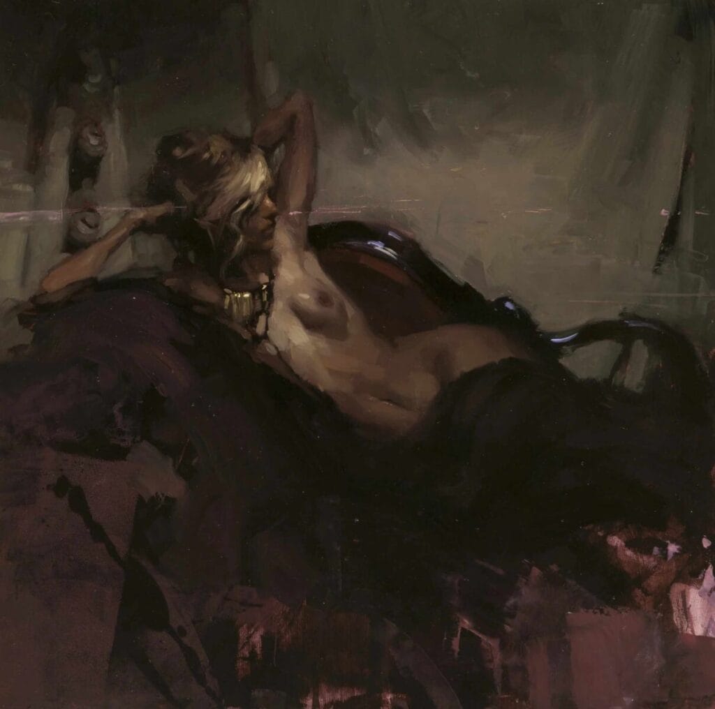 Jeremy Mann Evening Study painting of a reclining naked woman in red tones