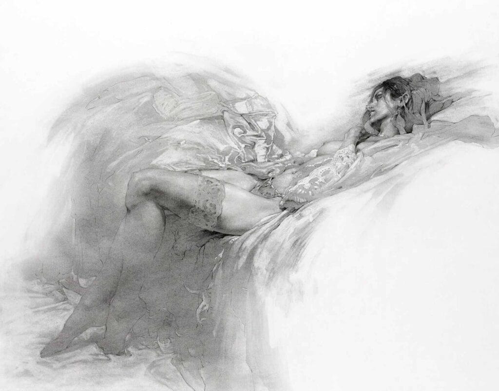 Jeremy Mann, Carson drawing of a reclining woman in lingerie
