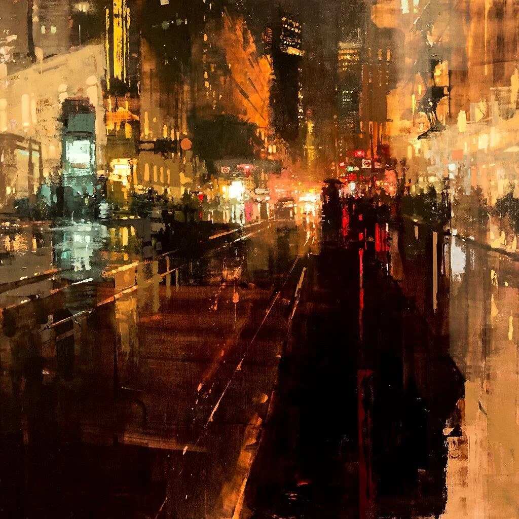 Jeremey Mann, Another Night Through Storms painting, an abstract portrait of a New York street with cars in warm orange shades