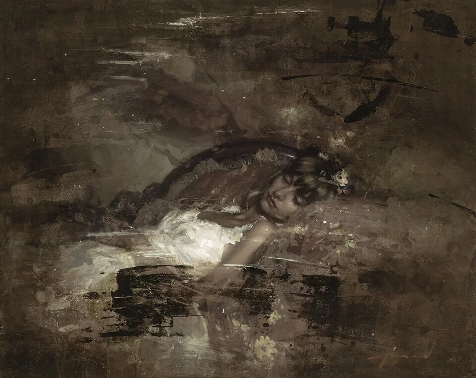 Jeremy Mann, The Dream, abstract painting of a woman sleeping in earthy tones
