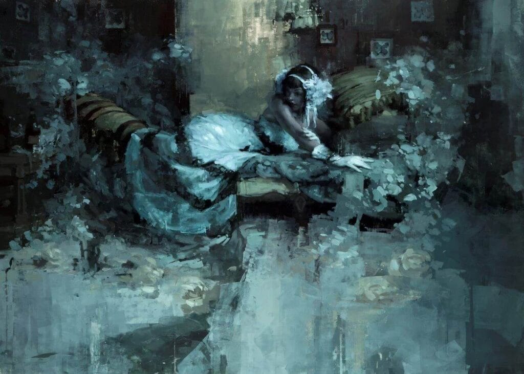 Jeremy Mann painting Advent of Winter, a woman lying on a couch with abstract strokes in pale blue shades