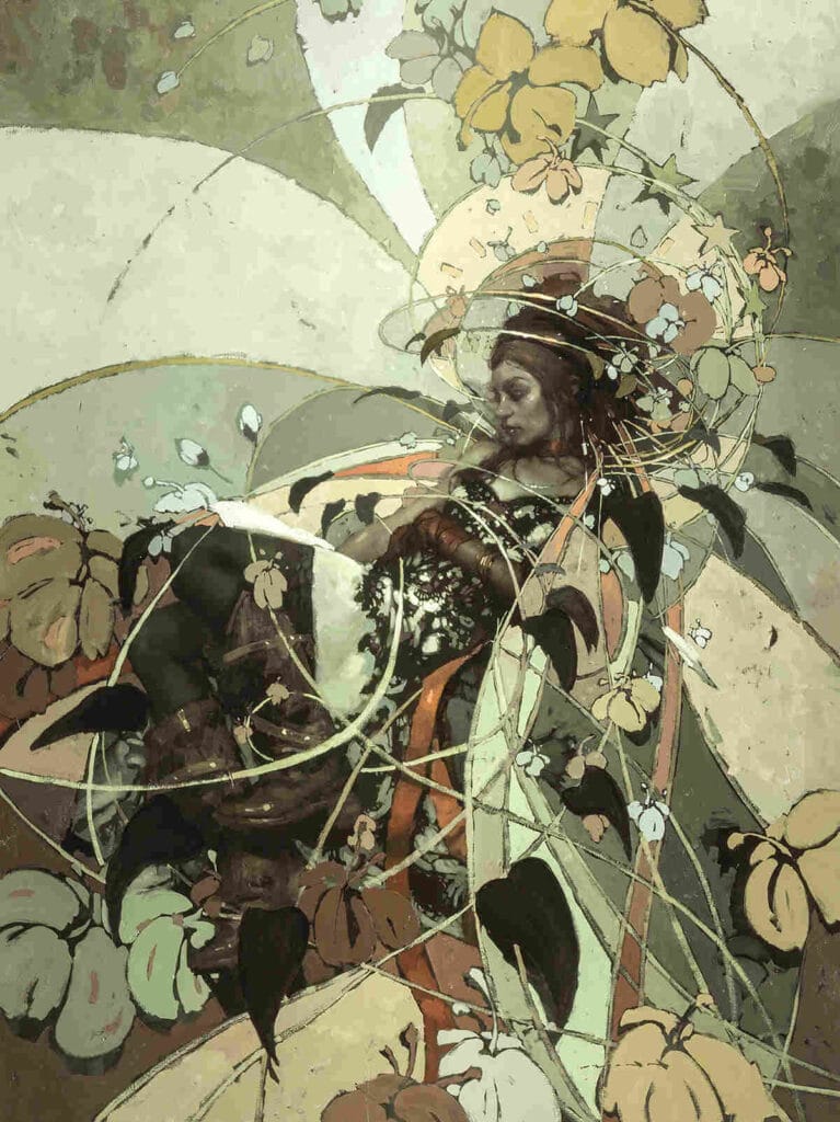 Colourful painting of a woman in profile by Jeremy Mann