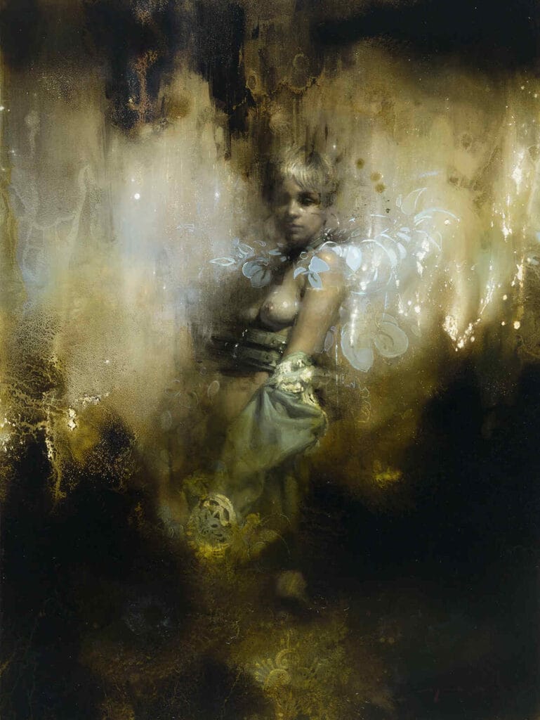 Abstract oil painting of a woman in yellow shades by Jeremy Mann
