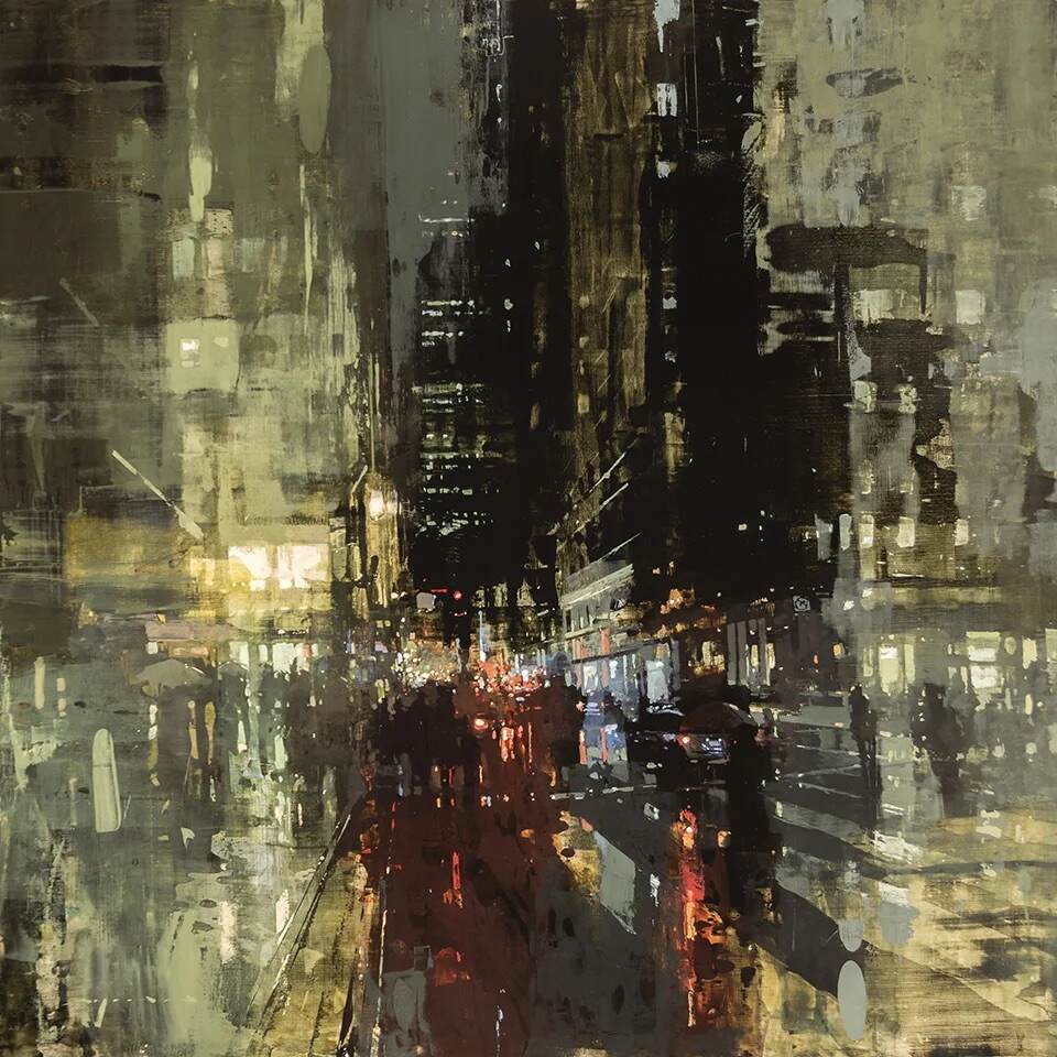 Abstract oil painting of a city in yellow and back tones by Jeremy Mann