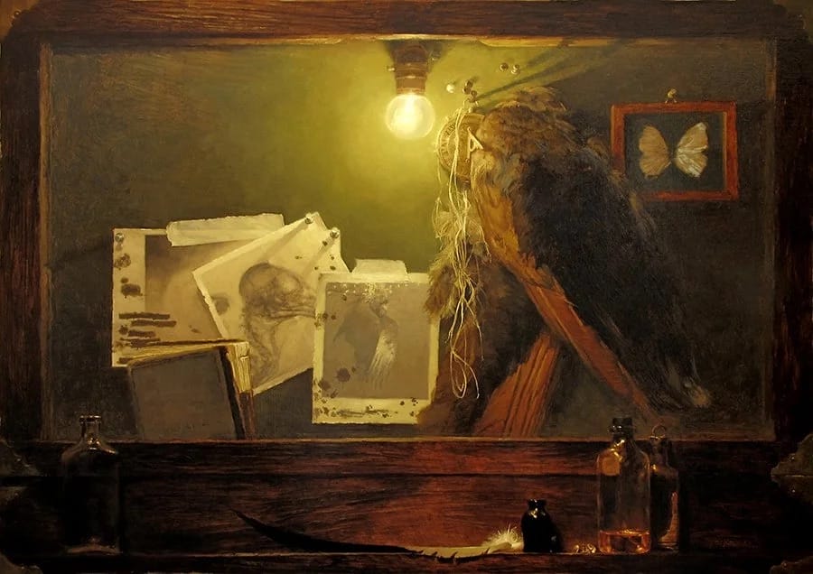 Painting of display case in yellow tones by Jeremy Mann