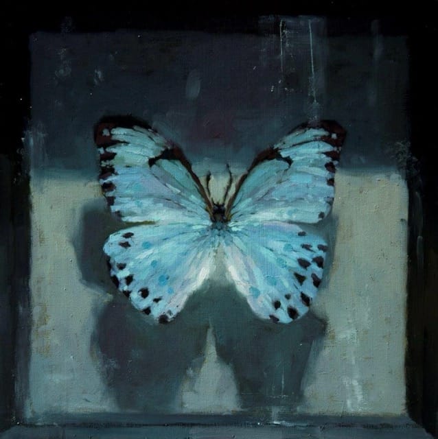 Painting of a butterlfly in blue shades by Jeremy Mann